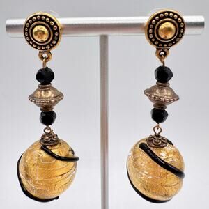 Huge Gold Foiled Italian Murano Glass Bead Drop Earrings Artsy Art Teacher